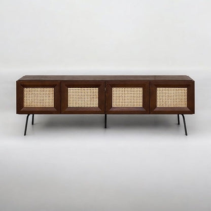 NTC Mossic TV Media Cabinet with 4 Doors for TVs, Entertainment Center with Natural Rattan, Metal Legs, Modern Storage Console for Living Room and Bedroom, Effortless Assembly, Dark Walnut