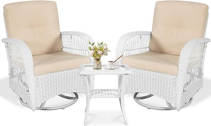 VIVIJASON 3-Piece Patio Conversation Bistro Set, Outdoor Swivel Glider Rocking Chairs Rattan Furniture Set w/ 2 Rattan Chairs, Glass Top Side Table for Porch Backyard, White - Beige