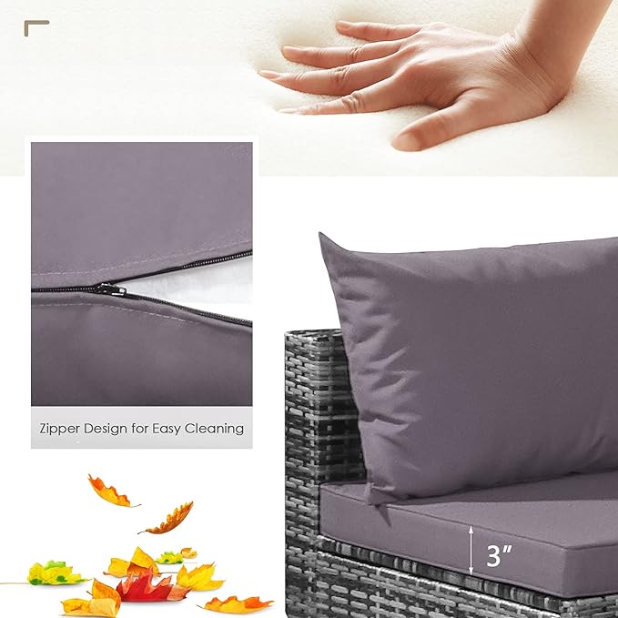 Tangkula 7 Pieces Patio Rattan Furniture Set, Patiojoy Outdoor Conversation Set with Cushions and Tempered Glass Coffee Table, All-Weather Sectional Sofa Set for Garden, Lawn, Backyard (Grey)