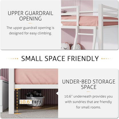 SHA CERLIN Loft Bunk Bed Twin Over Twin Size with Ladder and Guardrail,Heavy Duty Metal Slats Support No Box Spring Needed Small Space Saving Furniture for Bedroom Dorm,White