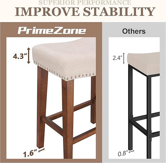 PrimeZone Counter Height Bar Stools Set of 6 - Backless Saddle Barstools with 4.3" Thick Upholstered, Nailhead Trim Linen Fabric & Solid Wood Legs, 26 Inch Counter Stools for Kitchen Island, Beige