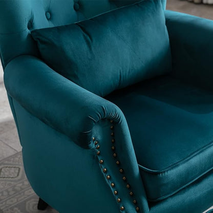 chairus Mid-Century Modern Accent Chairs with Ottoman Set of 2, Comfy Velvet Single Sofa Chair Button Tufted Wingback Armchairs with Pillow for Living Room/Bedroom/Club - Teal
