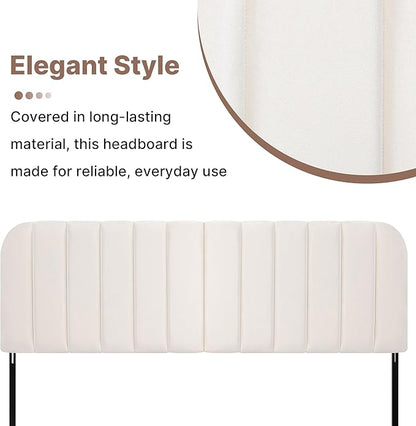 Upholstered Headboard - Striped Interval - Adjustable Height - Metal Legs - Bed Frame (Beige, Queen (U.S. Standard))