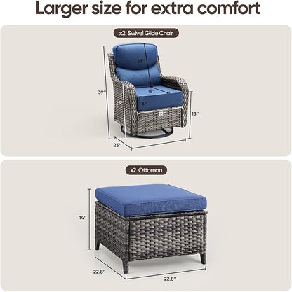 Swivel Patio Chairs Sofa Set of 4 with 6" Thick Cushion - Wicker Outdoor Swivel Rocker Patio Chair with Side Table, High Back Comfortable Outdoor Glider Chairs - Grey Wicker | Blue Cushions