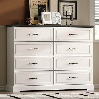 Farmhouse 8 Drawers Dresser for Bedroom, 54" Wide Modern Chest of Drawers with Deep Drawers & Bar Handles, Rustic Wood Dresser TV Stand, Wooden Closet Storage Organizer for Living Room, Hallway, White