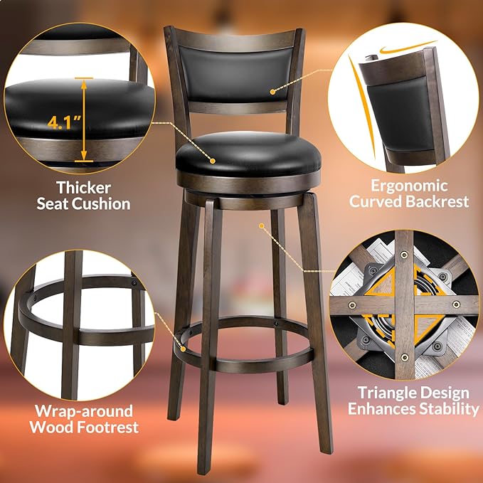 PrimeZone Swivel Bar Stools Set of 6, 34 Inch Extra Tall Bar Height Barstools, Black Faux Leather Bar Stool with High Backrest, Solid Wood Leg, Wrap-Around Footrest, Counter Stools for Pub