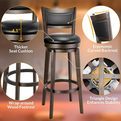 PrimeZone Swivel Bar Stools Set of 8, 34 Inch Extra Tall Bar Height Barstools, Black Faux Leather Bar Stool with High Backrest, Solid Wood Leg, Wrap-Around Footrest, Counter Stools for Pub