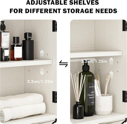RUSTOWN Rattan Bathroom Wall Cabinet, Boho Over The Toilet Storage Cabinet with Arched Rattan Doors, Modern Medicine Cabinet with Adjustable Shelves & Towel Bar (Vintage White, Medium)
