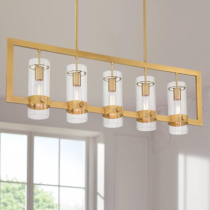 Possini Euro Design Camden Brass Island Linear Pendant Chandelier 42" Wide Modern Open Rectangle Frame Clear Glass Tube Shades 5-Light Fixture for Dining Room House Foyer Kitchen Entryway Bedroom