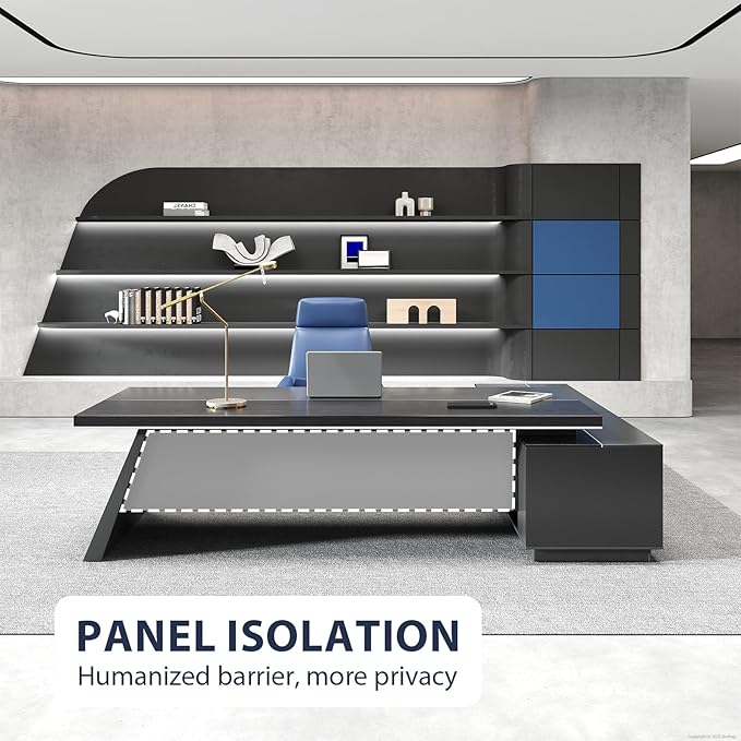 L-Shaped Black Executive Desk with Drawers, Large Modern Executive Office Desk with Storage Cabinets, Cable Box, Wide Desktop – Home Office Desk (Left, 79" L * 63" W * 30" H)