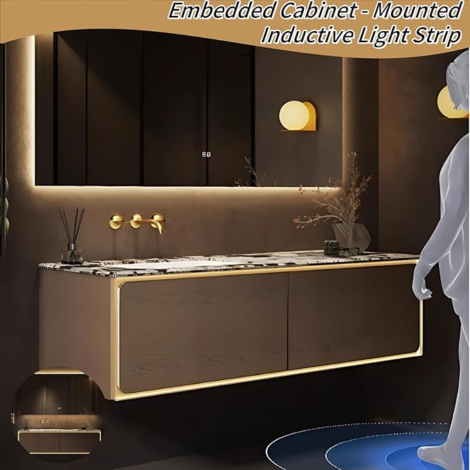 62IN Bathroom Vanity Set with a Single Sink - Embedded Sensor Light Strip & Large Capacity Floating Cabinet | Modern Bathroom Vanities with Defogging Mirror Surface & LED Lighting (Mirror Cabinet)