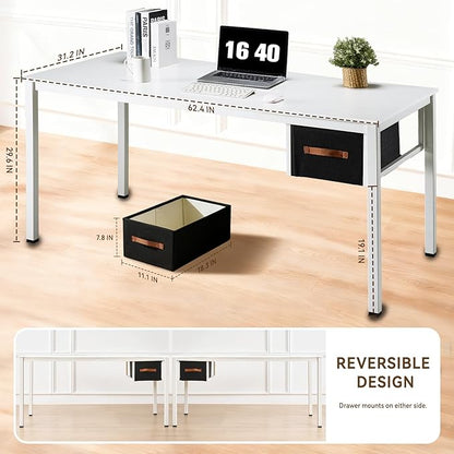 White Computer Desk with Drawer, 63 Inch Large Home Office Work Desks, Modern Writing Study PC Desk Gaming Table for Bedroom Home, Stable Thick Metal Legs Frame Support