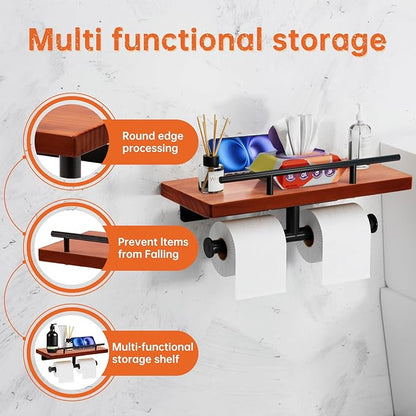 Toilet Paper Holder with Wood Shelf, Wall Mount Toilet Paper Roll Holder with Wooden Shelf and Matte Black Stainless Steel Pipe, Tissue Roll Holder for Bathroom Washroom (Dark Brown, 13.8'' x 5.9'')