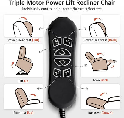 MCombo Large Triple Motor Power Lift Recliner Chair with Massage and Dual Heating, Adjustable Headrest for Tall Elderly People, Faux Leather 7634 (Dark Grey, Large)