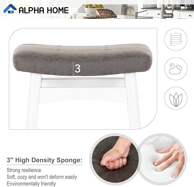 ALPHA HOME Bar Stools Set of 2, Solid Wood Saddle Kitchen Stools with Grey PU Leather Cushion Counter Height Barstools with Wooden Base for Kitchen Dining Cafe, 24 Inch, Grey, 2PCS