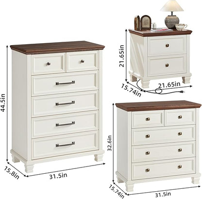 Farmhouse Bedroom Dresser and Nightstand Set of 4, 6 Drawer Tall & 5 Drawers Dresser & 2 Drawer Nightstand Set, Rustic Wood Bedroom Furniture Set for Livingroom, Hallway, White