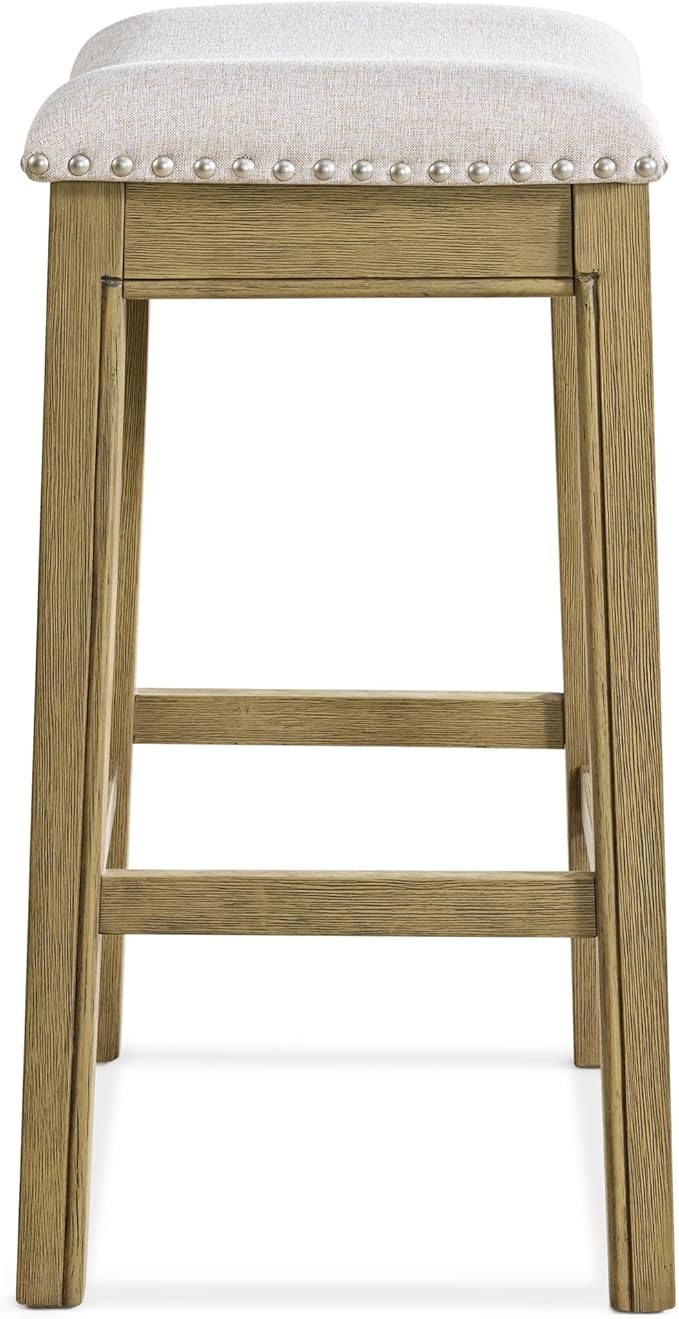 ROME + OAK Parker 26 Inch Counter Stool, Backless Saddle Kitchen Barstool in Natural Wood Finish with Wheat Cream Fabric Upholstery Cushion Seat