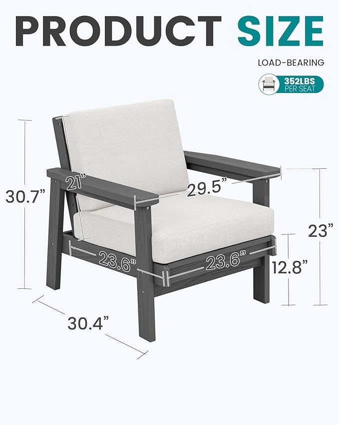 SERWALL Patio Furniture Set with 33” Fire Pit Table, HDPE Outdoor Sectional Sofa Set with Thickened Cushions, Grey Frame with Khaki Cushions
