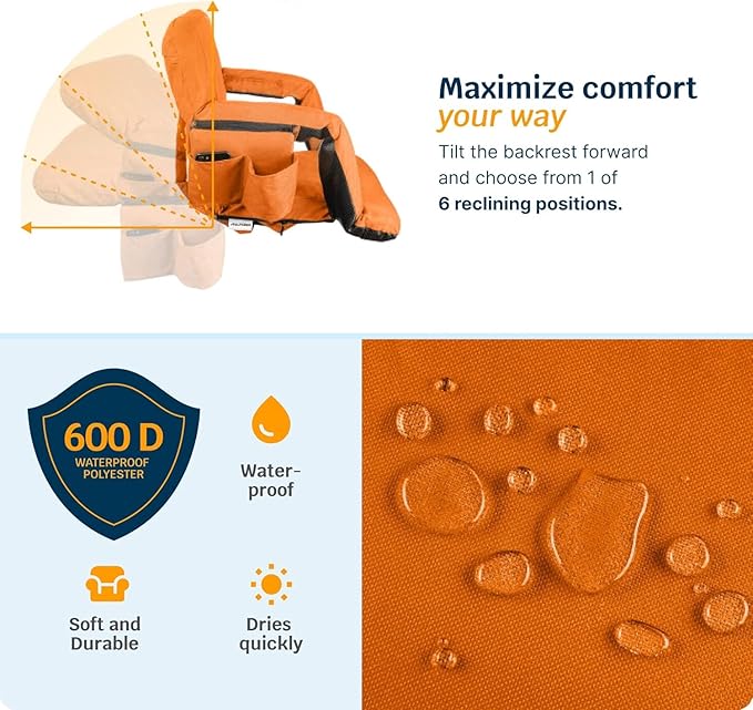 Alpcour Heated Reclining Stadium Seat for Bleachers – Wide Bleacher Chair with Back Support and Cushion, Armrests, Side Pockets, & Hook – Stadium Seats Chairs for Camping, Kayak, Paddle Board & More