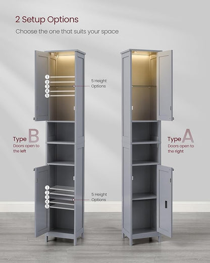 VASAGLE Tall Storage Cabinet with Lights, Slim Freestanding Cabinet with Adjustable Shelves, for Small Spaces, Bathroom, Living Room, Modern, 11.8 Inches Wide, Dove Gray UBBC566G02