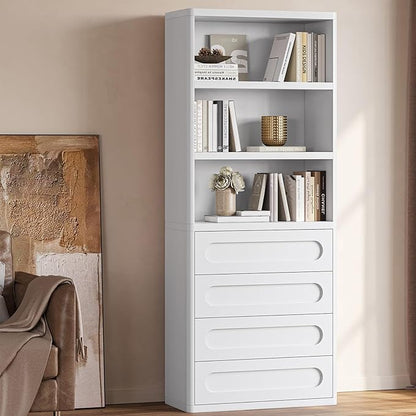 Bookcase with 4 Drawers, 72.1" Tall Bookshelf with 3 Storage Shelves, Large Bookshelves Cabinet for Living Room, Bedroom, Home Office (White)