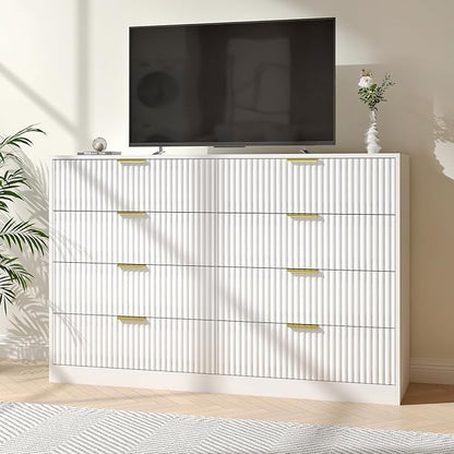 White Fluted Dresser Bedroom with 8 Drawer,55” Wide White Double Drawer Dresser Modern Chest of Drawers with Gold Handles,Wood TV Stand for Bedroom,Living Room