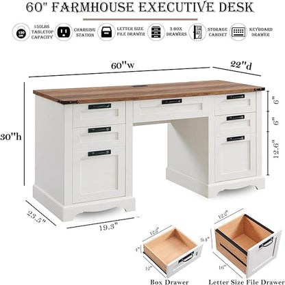 RedLemon 60" Farmhouse Executive Desk, Home Office Desk with Drawers, Charging Station, Keyboard Tray, File Drawer, Storage Cabinet, Wood Rustic Computer Writing Desk (Antique White)