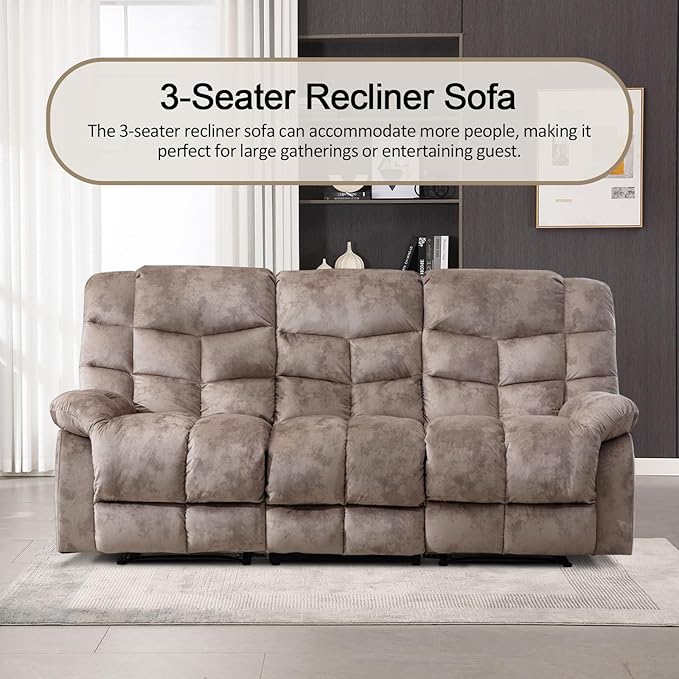 CANMOV Manual Reclining Sofa, 3 Seat Recliner Sofa with Armrest and Overstuffed Backrest, Couch Set for Living Room, Bedroom, Office, Light Brown