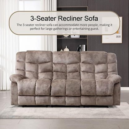 CANMOV Manual Reclining Sofa, 3 Seat Recliner Sofa with Armrest and Overstuffed Backrest, Couch Set for Living Room, Bedroom, Office, Light Brown