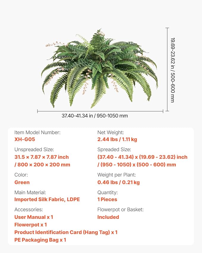 VEVOR Artificial Ferns, Natural Spread Diameter 41 Inch, Large Hanging Fake Boston Ferns, Sunlight Resistant Fake Plant Wall Decor with 80 Branches and Flowerpot, Faux Fern for Home Office Outdoor