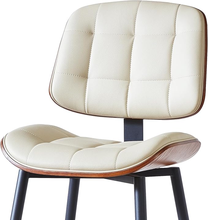 Mid Century Modern Bar Stools Set of 2 for Kitchen Island,Upholstered Beige Faux Leather Counter Height stools,26 Inch Counter stools with Walnut Grain Back