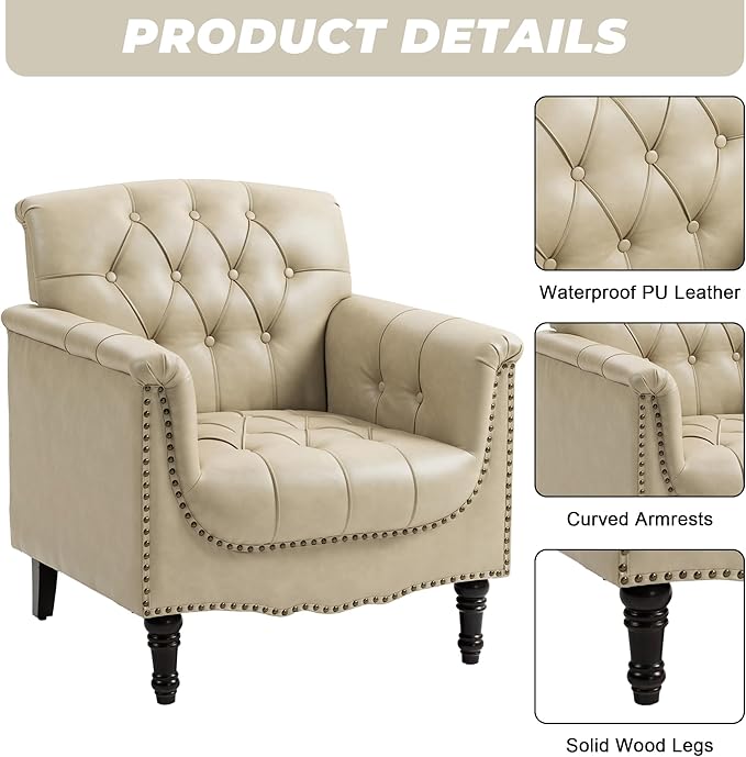 Faux Leather Accent Chairs Set of 4, Upholstered Armchairs with Nailhead Trims & Wood Legs for Living Room, Bedroom, Contemporary Comfy Club Chairs for Office-Beige