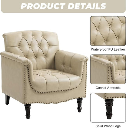 Faux Leather Accent Chairs Set of 4, Upholstered Armchairs with Nailhead Trims & Wood Legs for Living Room, Bedroom, Contemporary Comfy Club Chairs for Office-Beige