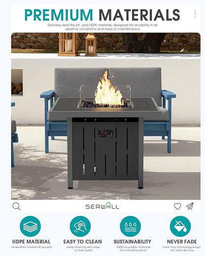 SERWALL Patio Furniture Set with 33” Fire Pit Table, HDPE Outdoor Sectional Sofa Set with Thickened Cushions, Black Frame with Grey Cushions