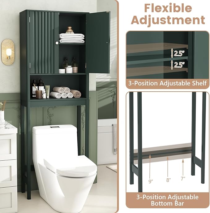 Tangkula Over The Toilet Storage Cabinet, Bathroom Space Saver with Fluted Doors Adjustable Shelf & Bottom Bar, Freestanding Above Toilet Storage Cabinet Organizer for Laundry, Restroom (Forest Green)