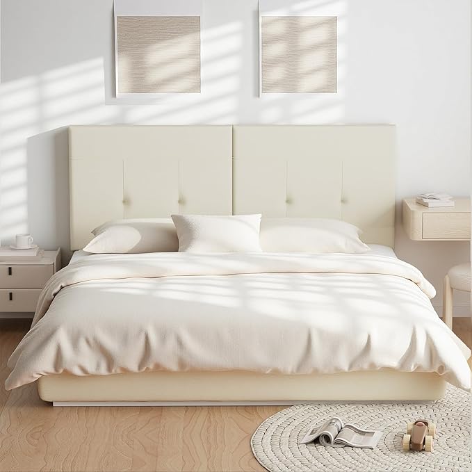 Headboard Queen Size Upholstered Faux Leather, Queen Headboard with Sturdy Metal Legs, Tufted Upholstery Design Headboards with Adjustable Width & Height (Ivory)