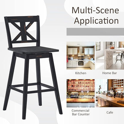 COSTWAY Bar Stools Set of 4, 360 Degree Swivel, 29-inch Height Chairs w/Non-Slip Foot Pads, Rubber Wood Bar Chairs, Vintage Bar Stools for Home, Restaurant (Black)