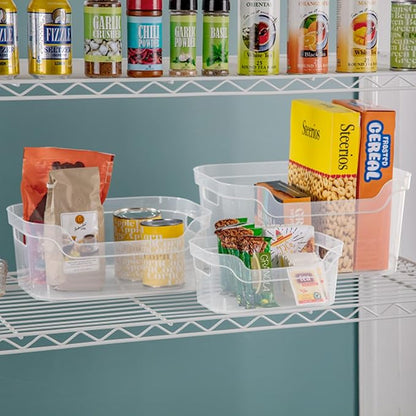 Sterilite 5.25x9.5x13 In Medium Polished Open Scoop Front Storage Bin w/Comfortable Carry Through Handles for Household Organization, Clear (32 Pack)
