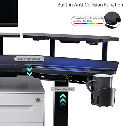 EUREKA ERGONOMIC Gaming Desk Adjustable Height Standing Desk 63" Wing Shaped Music Studio Table Workstation w Full Coverage Mousepad, 3 Stands, Dual Headphone/Cup Holder, Ipad-Slot