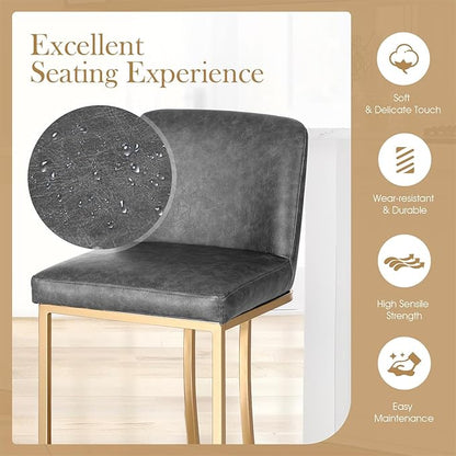 Sophia & William Counter Height Bar Stools Set of 3, Modern PU Leather Kitchen Island Stools,Gold Polished Bar Chairs,Grey & Gold