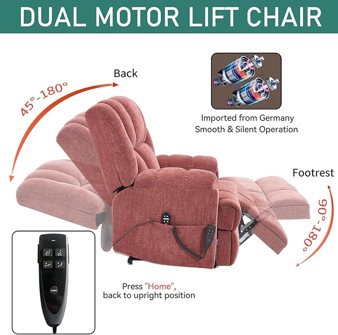 Power Lift Recliner Chair for Elderly, Oversized Chenille Electric Recliners Chairs for Living Room, Dual Motor 180° Lay Flat Recliner Big Sofa with Massage and Heating, Heavy-Duty, Red