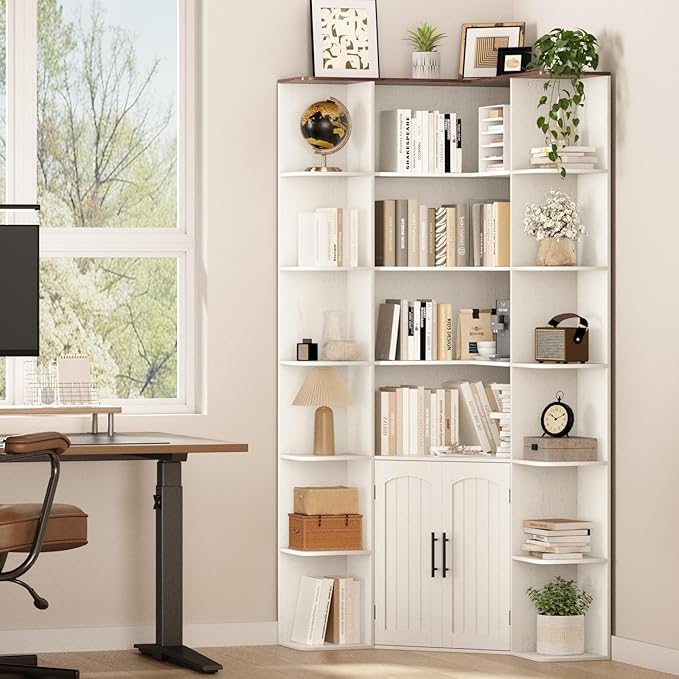 74" Tall Corner Bookshelf with 2 Arched Doors, 6-Tire L Shaped Bookcase with 16 Open Storage Shelves, Rustic Large Corner Shelf with Cabinet for Living Room, Home Office