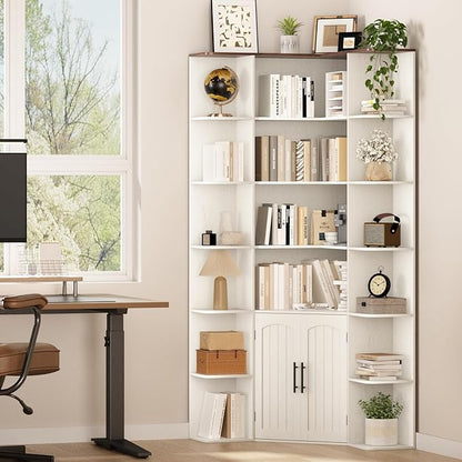 74" Tall Corner Bookshelf with 2 Arched Doors, 6-Tire L Shaped Bookcase with 16 Open Storage Shelves, Rustic Large Corner Shelf with Cabinet for Living Room, Home Office
