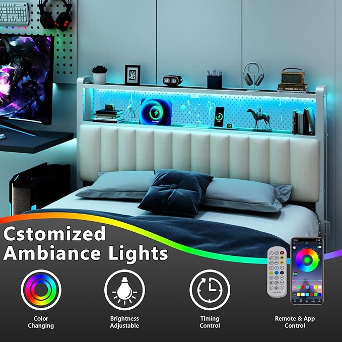 VINGLI King Size Headboard Only, Adjustable Upholstered Headboard with 2 Tier Shelves and Pegboard with Charging Stations and LED Lights, Modern Bed Headboard with Storage for Bedroom Decor