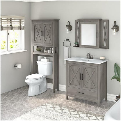 Bush Furniture Key West 32W Bathroom Vanity Sink with Mirror and Over The Toilet Storage Cabinet in Driftwood Gray