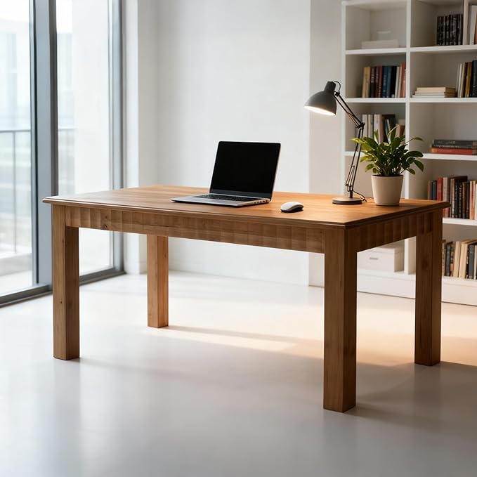 63-Inch Computer Desk, Solid Wood Home Office Desk with Sturdy Wooden Legs, Rustic Large Computer Office Table for Writing, Reading, Study, Brown