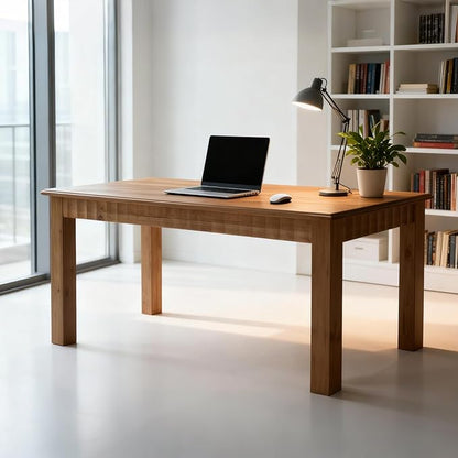 63-Inch Computer Desk, Solid Wood Home Office Desk with Sturdy Wooden Legs, Rustic Large Computer Office Table for Writing, Reading, Study, Brown