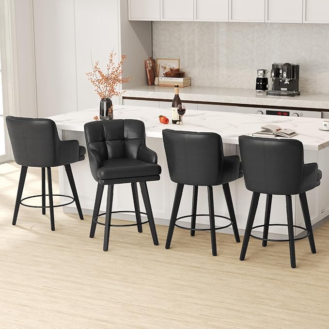 360°Swivel Counter Height Bar Stools with Back, 26 inch Solid Wood Legs, Bar Stool Modern Kitchen Island Chairs, Faux Leather (Black- Faux Leather, 26" H- Set of 2)