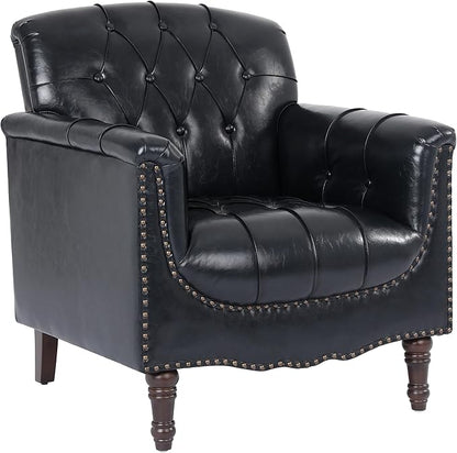 UIXE Faux Leather Accent Chairs Set of 2, Comfy Club Chair Upholstered Armchair for Living Room, Button Tufted Arm Chair Retro Single Sofa Side Reding Seat for Bedroom - Black Blue