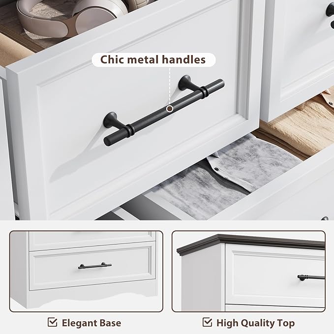 White Farmhouse Dresser for Bedroom, Modern 7 Chest of Drawers, 47" Wide Chest of Drawers w/Brushed Metal Handle, Wood Dresser TV Stand and Storage Cabinet for Bedroom, Living Room, Hallway